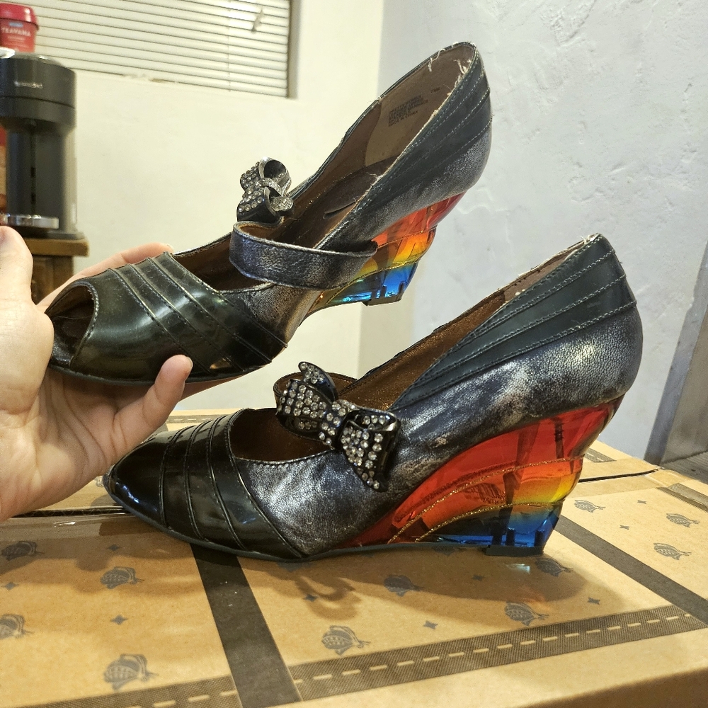 IRREGULAR CHOICE Pretty Woman Lucite Wedge And Patent Leather Heels
